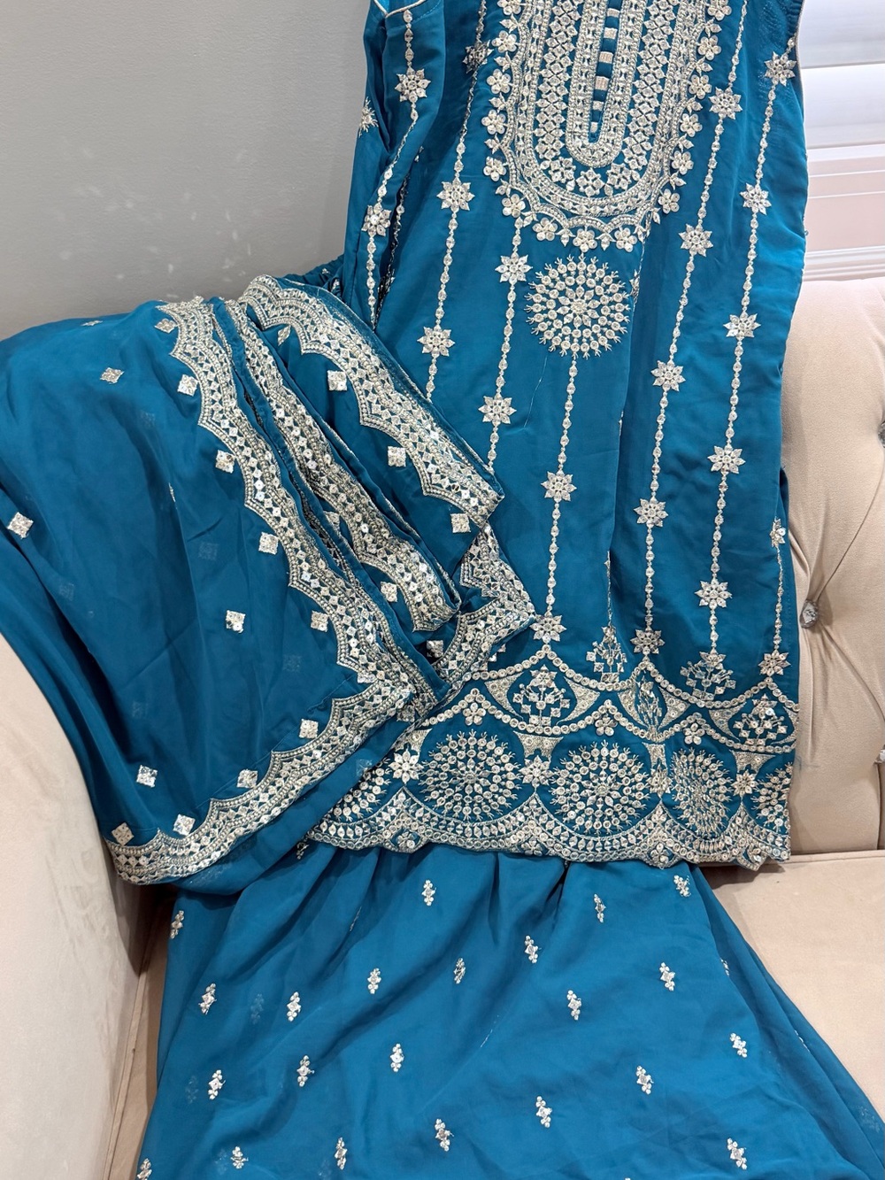 Embroidered Teal Blue Ethnic Dress Set with Gold/Silver Accents